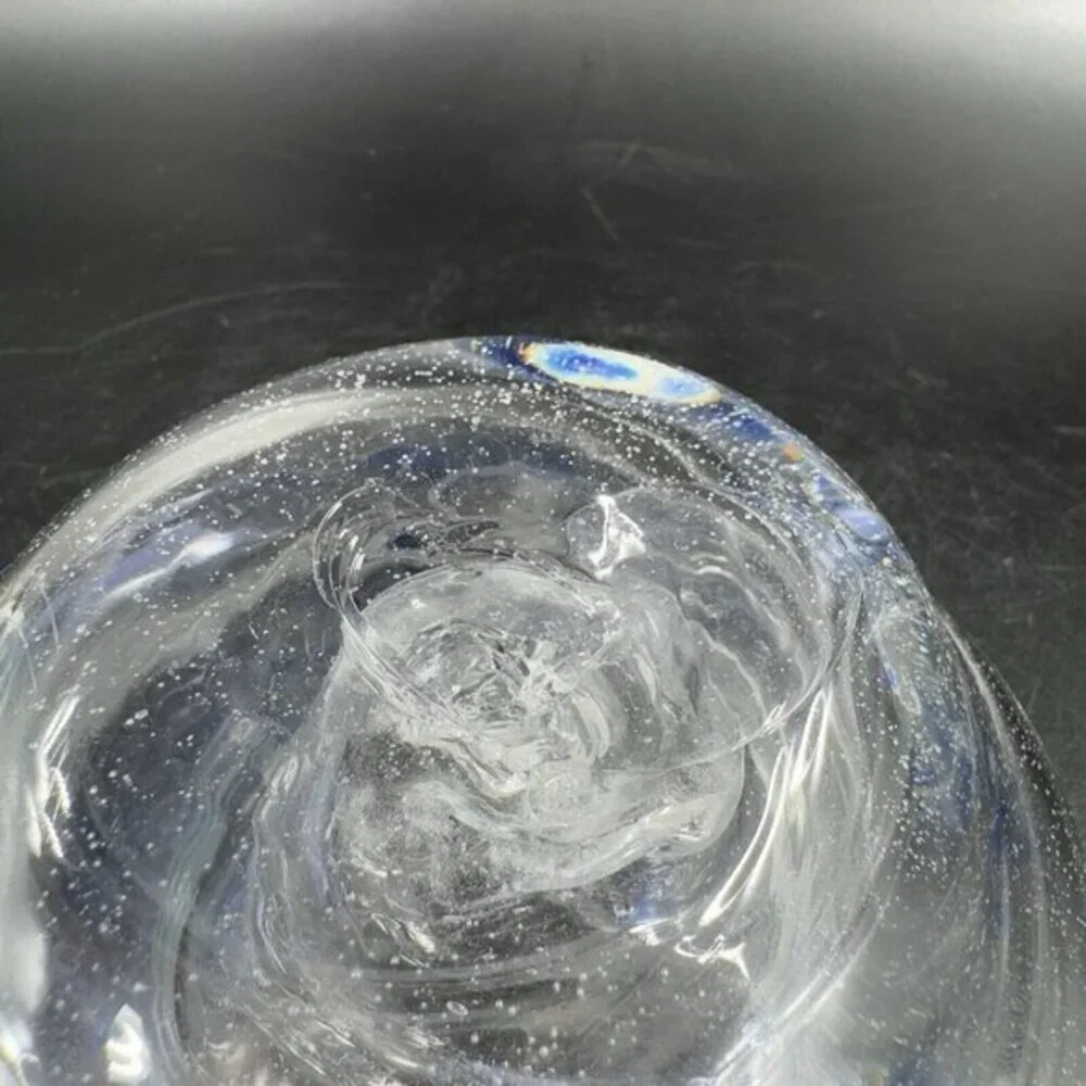 Vintage Hand Blown Art Glass Dish Bowl Clear With Blue Spots Hand Made Glass VTG